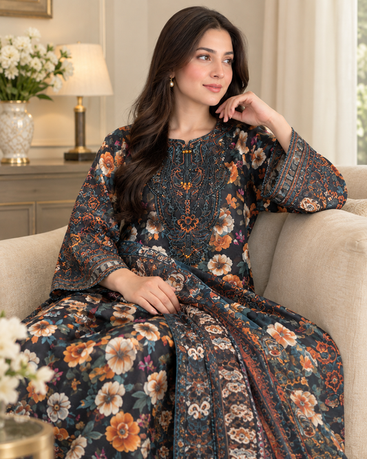 Floral Printed 3 Piece Stitched Suit with Embroidered