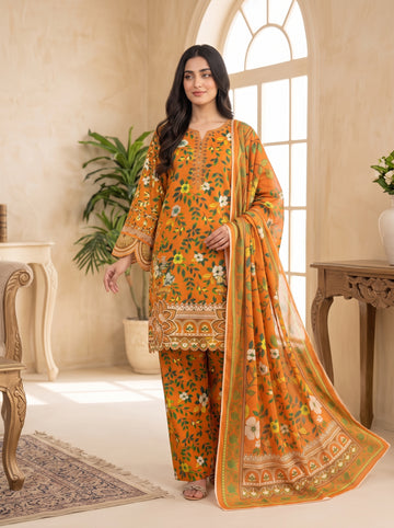 Orange Floral Embroidered 3-Piece Suit
